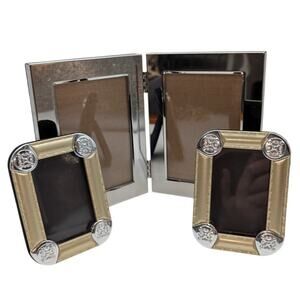 Lot of 3 Picture Frames - Pair of Small Two Tone & One Double Hinged Silver Tone